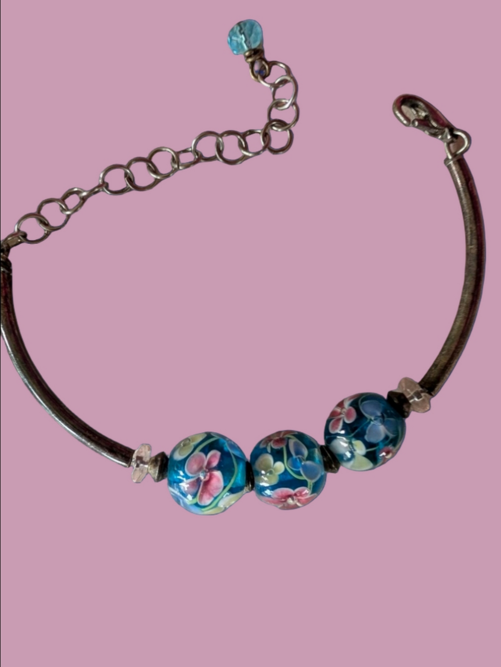 Vintage Bracelet Beaded Handmade Blue Floral Glass Bead Bracelet 8 Inches Long